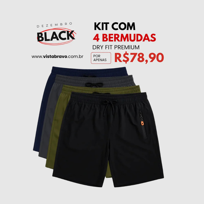 🔥 Kit 4 Bermudas DryFit Premium Performance - Secagem rápida, Bolso com Zíper e Ajuste Anatômico | FRETE GRÁTIS